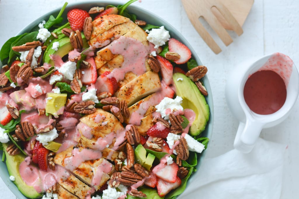 Strawberry Spinach Salad with Grilled Chicken and Strawberry Vinaigrette