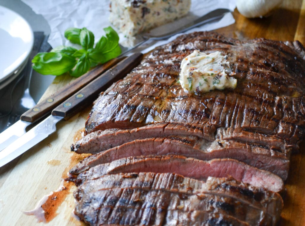 grilled flank steak with herb butter