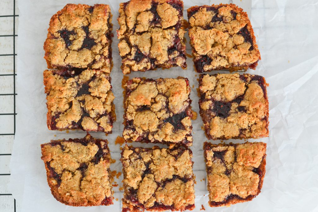 Baked and sliced peanut butter and jelly bars
