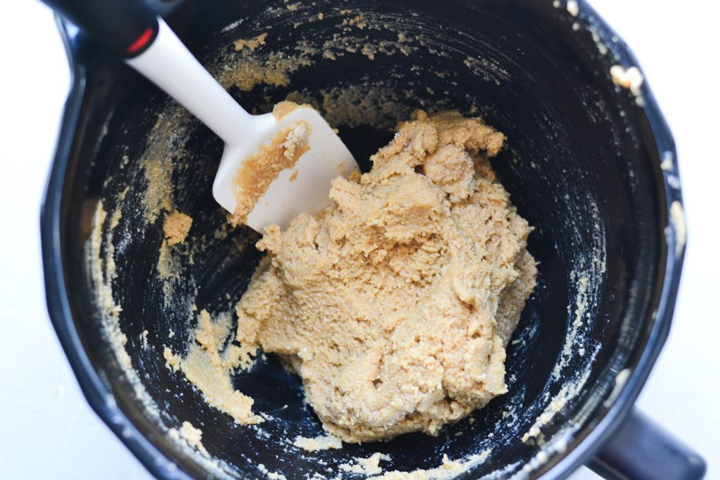 peanut butter cookie dough in a mixer bowl