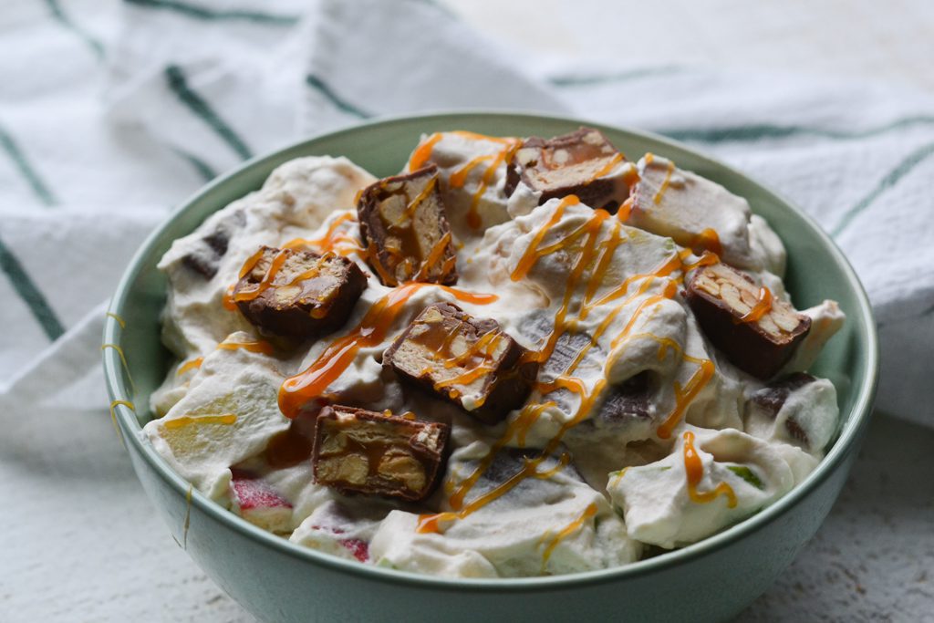 Caramel Apple Snickers Salad with caramel drizzle