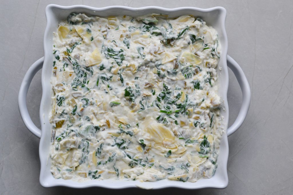 Spinach Artichoke Dip without Mayo in a baking dish