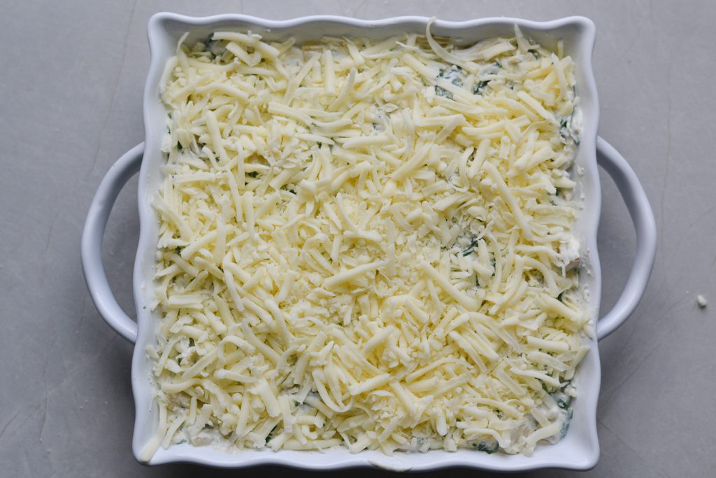 Spinach Artichoke Dip without Mayo with mozzarella cheese on top
