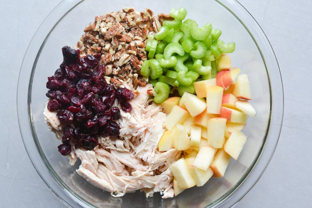 a bowl with chicken, cranberries, celery, apples, and pecans