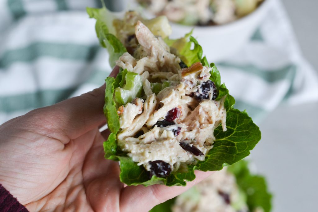 Cranberry Pecan Chicken Salad wrapped in lettuce