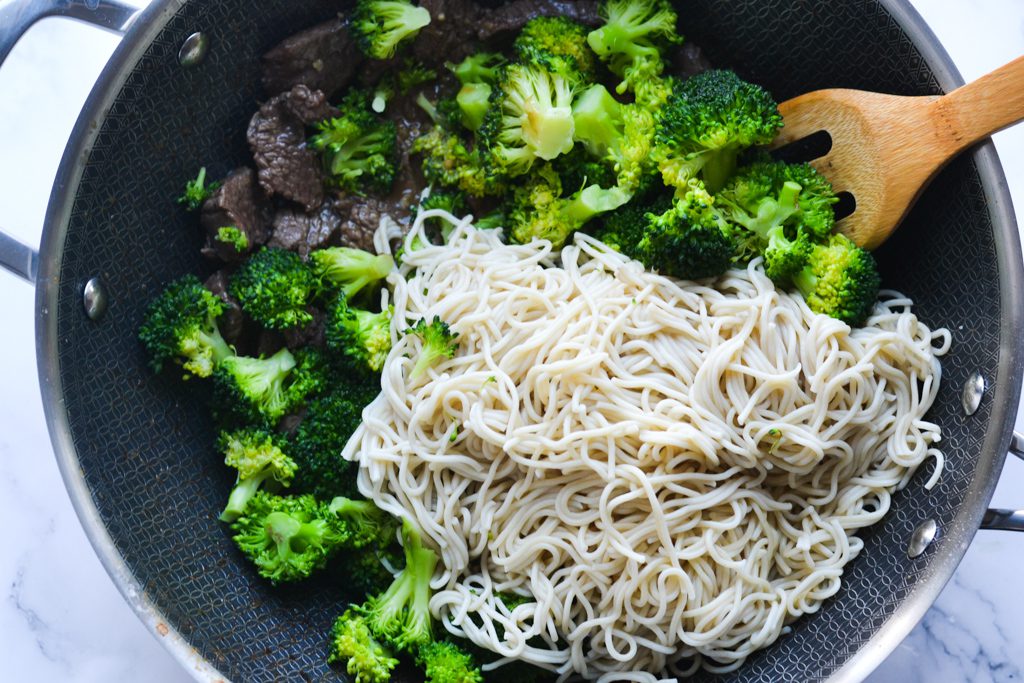 beef, broccoli, and ramen noodles